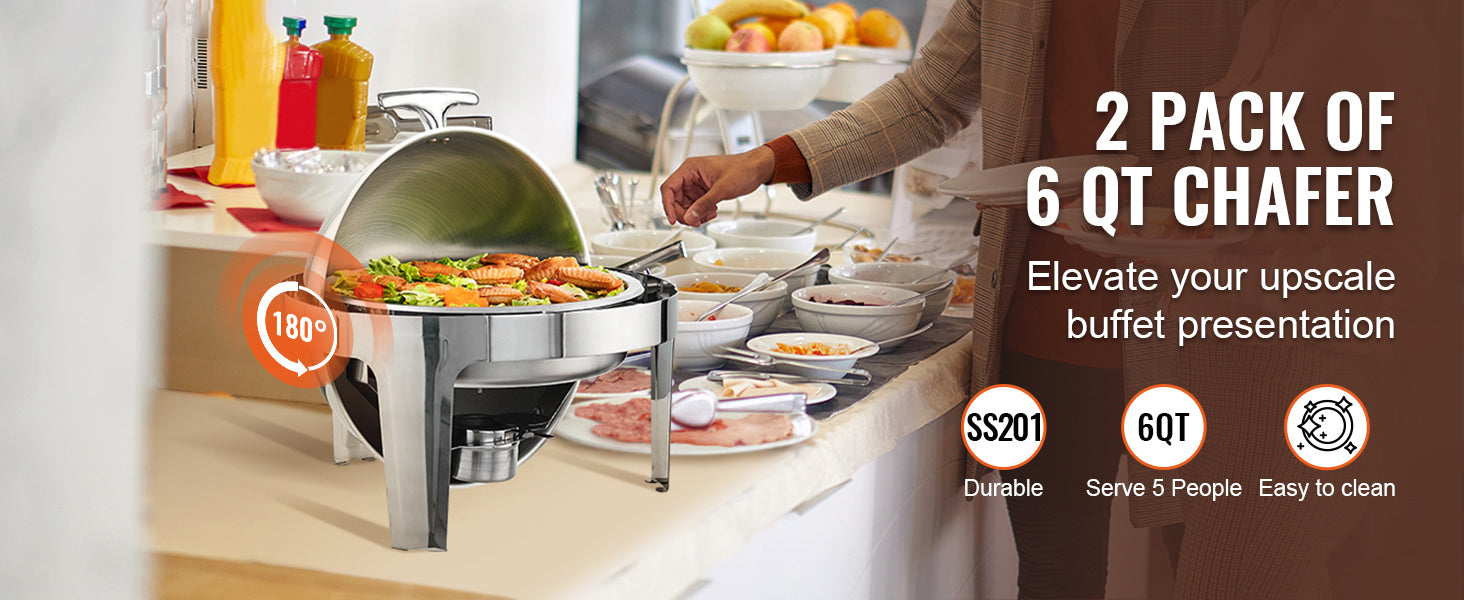 SucceBuy Roll Top Chafing Dish Buffet Set 6 Qt 2 Pack Stainless Steel Chafer with 2 Full Size Pans Round Catering Warmer Server.