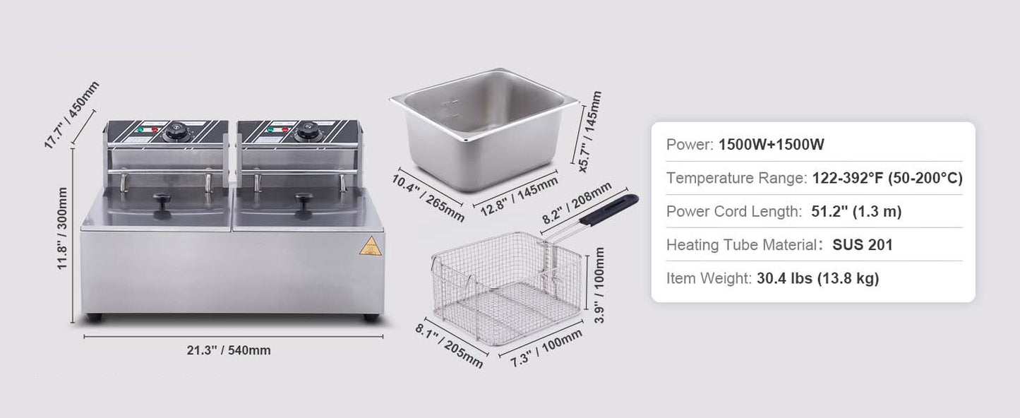 SucceBuy 12L 3000W Commercial Electric Deep Fryer w/Dual Tanks  Stainless Steel Countertop Fryer for Fried Chicken French Fries.