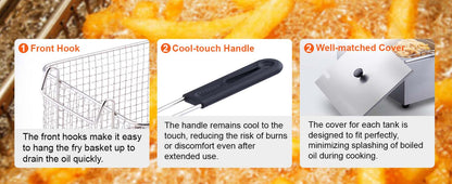 SucceBuy 12L 3000W Commercial Electric Deep Fryer w/Dual Tanks  Stainless Steel Countertop Fryer for Fried Chicken French Fries.