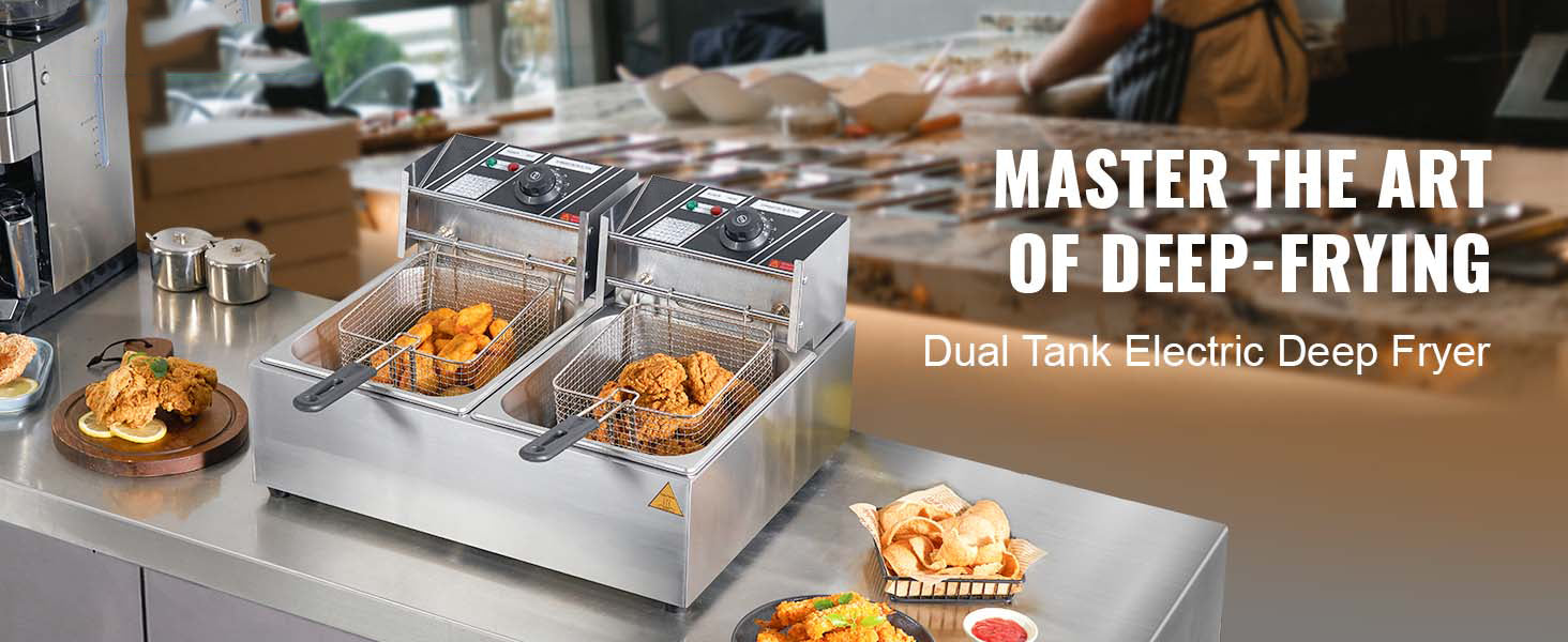 SucceBuy 12L 3000W Commercial Electric Deep Fryer w/Dual Tanks  Stainless Steel Countertop Fryer for Fried Chicken French Fries.