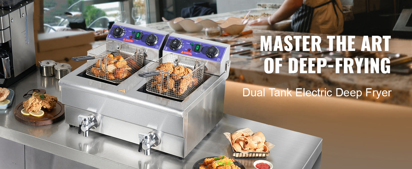 SucceBuy Commercial Electric Deep Fryer w/Dual Tanks 12L 3000W  Stainless Steel Countertop Fryer for Fried Chicken French Fries.