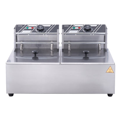 SucceBuy 12L Commercial Electric Deep Fryer w/Dual Tanks 3000W  Stainless Steel Countertop Fryer for Fried Chicken French Fries.