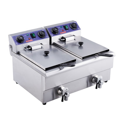 SucceBuy 12L Commercial Electric Deep Fryer w/Dual Tanks 3000W  Stainless Steel Countertop Fryer for Fried Chicken French Fries.