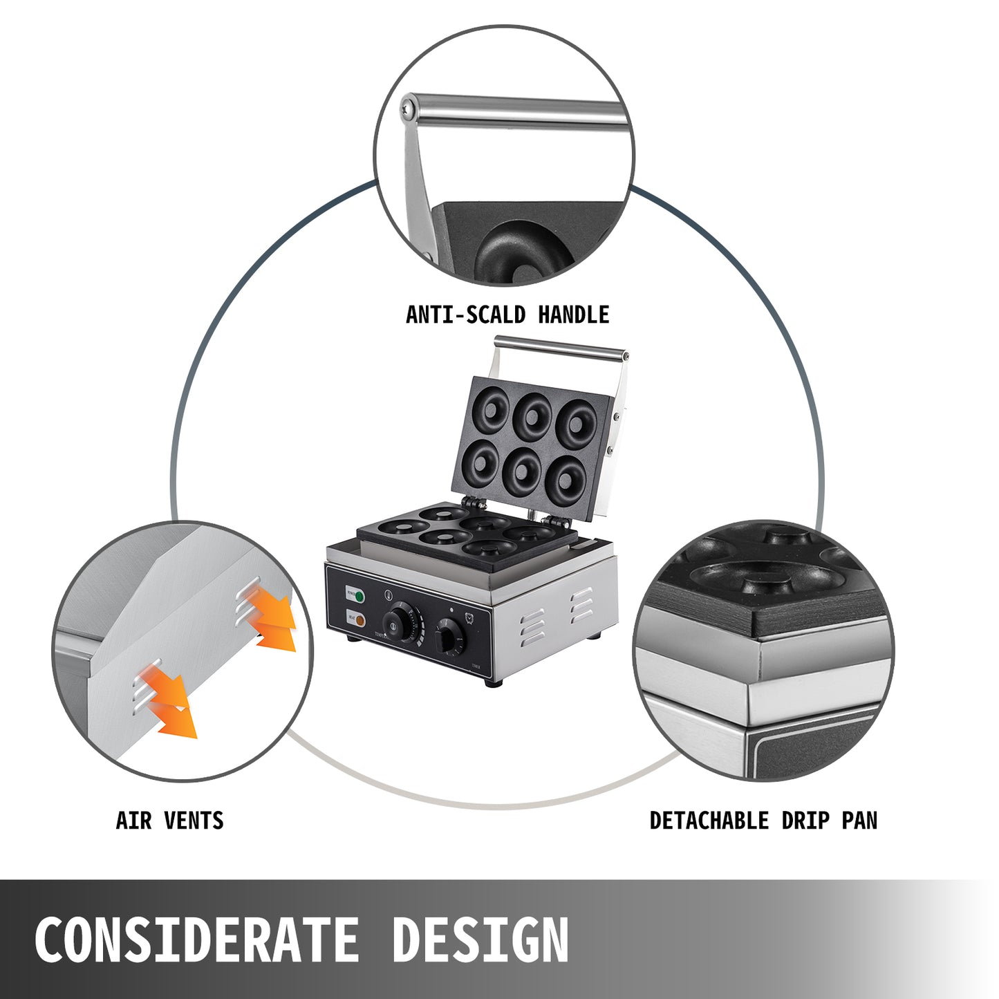 VEVOR 6 Hole Electric Sweet Donut Maker Stainless Steel Non Stick Commercial Donut Waffle Cookies Gaufriers Kitchen Appliance.