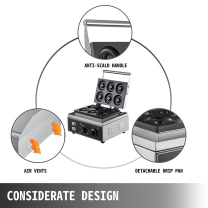 SucceBuy 6 Hole Electric Sweet Donut Maker Stainless Steel Non Stick Commercial Donut Waffle Cookies Gaufriers Kitchen Appliance.