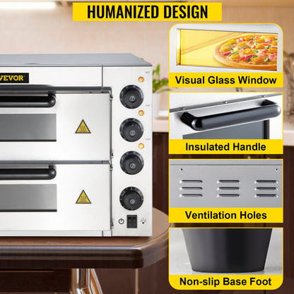 SucceBuy Kommerzieller Pizzaofen auf der Arbeitsplatte, 35,6 cm Doppeldeckschicht, 110 V, 1950 W, elektrischer Pizzaofen aus Edelstahl