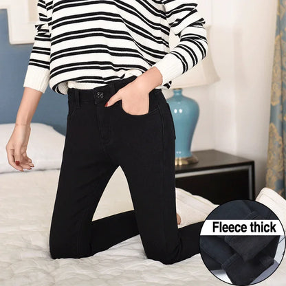 Warm Winter Size Slim Jeans Women Advanced Stretch Cotton Denim Pants Thick Fleece Student Trousers Blue Black Gray.