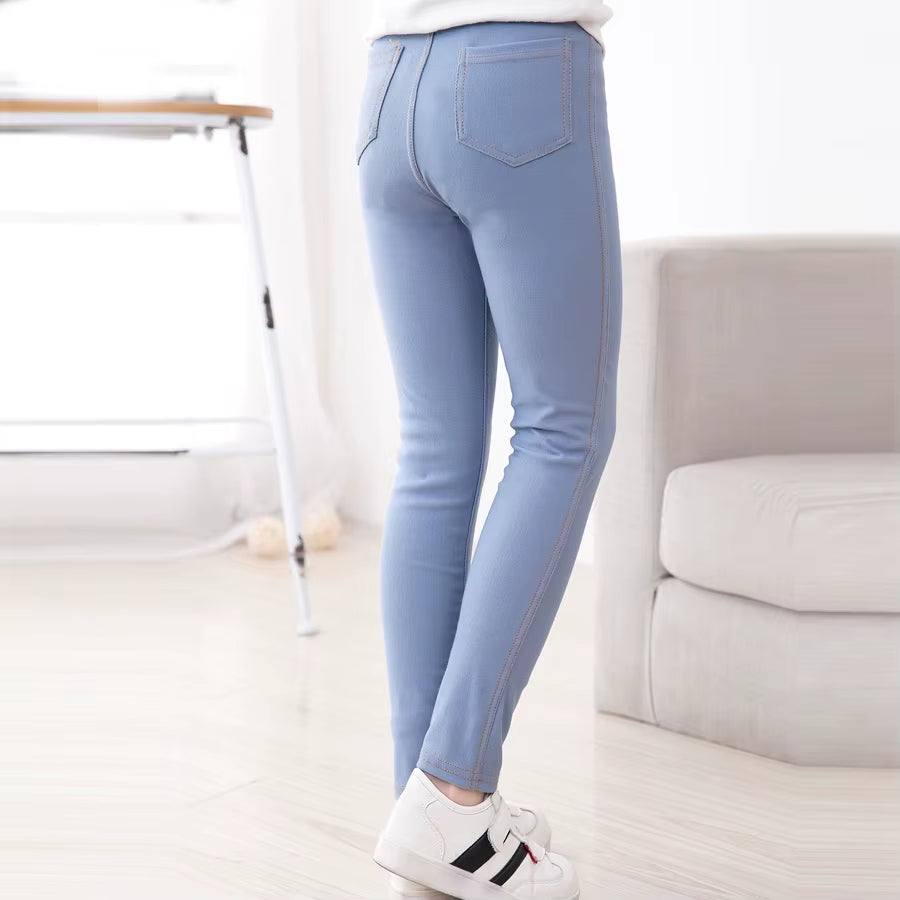 Sheecute New Spring Summer Fashion Girls Pencil Knit Imitation Denim Fabric Jeans Kids Candy Colore Mid Waist Full Length Pants.
