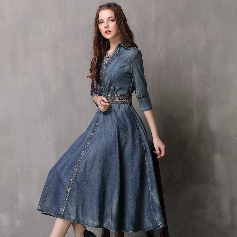 Spring'S New Adult Women'S Retro Dark Blue Jeanswear V-Neck Midsleeved Embroidery Belt Slimming Denim Dress.