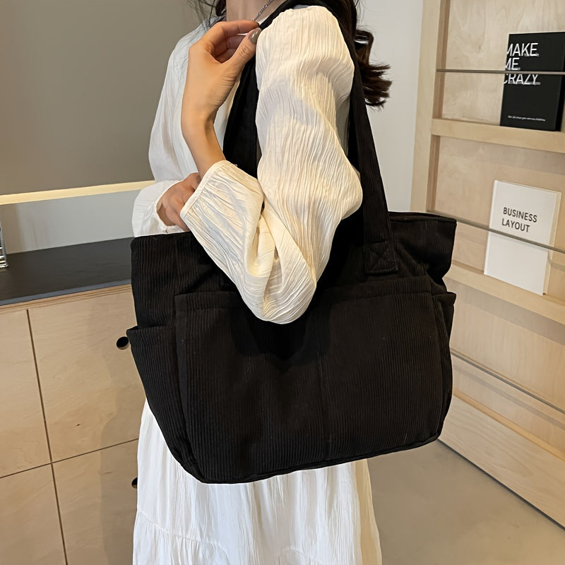 Women's Casual Corduroy Tote Bag Striped Shoulder Bag with Fixed Straps Zipper Large Capacity Handbag for Daily Outings and Shop.
