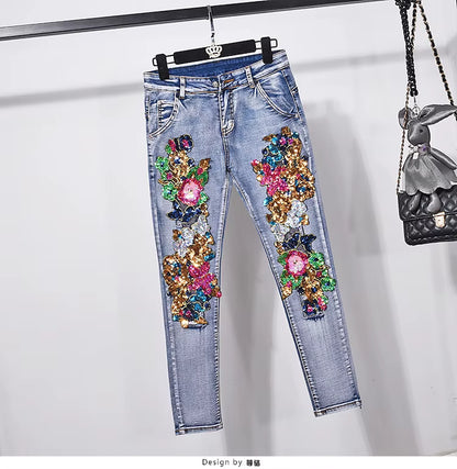 European Style Denim Jacket Fashion Outfit Women New Flower Sequined Jeans Vest Coat.