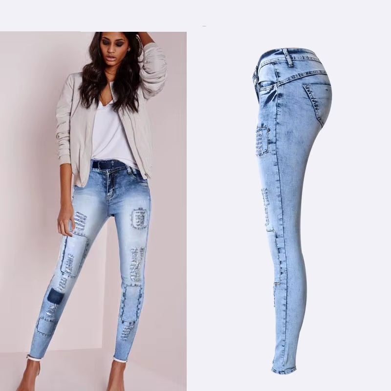 Summer Style Low Waist Sky Blue Patchwork Skinny Tights Women Pencil Jeans High Stretch Sexy Push up Denim Women Fashion Jeans.