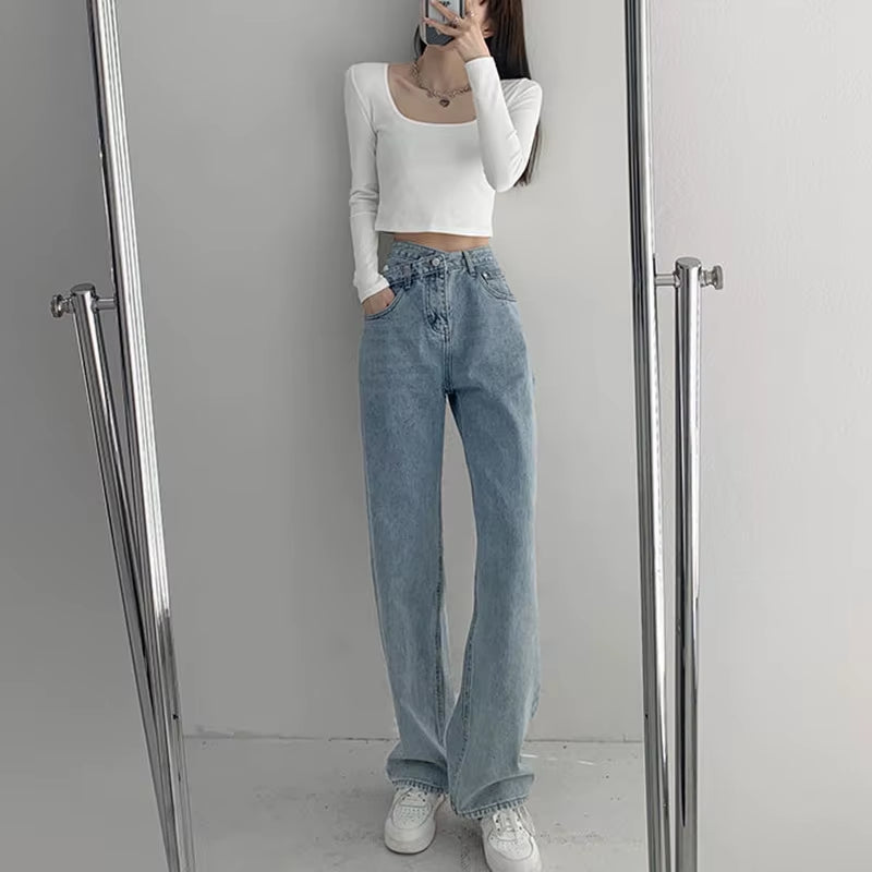 High Waist Blue Jeans Harajuku Korean Ulzzang Harajuku Denim Pants Wild Daily Casual Girl Loose Trouser Streetwear Jean Femme.
