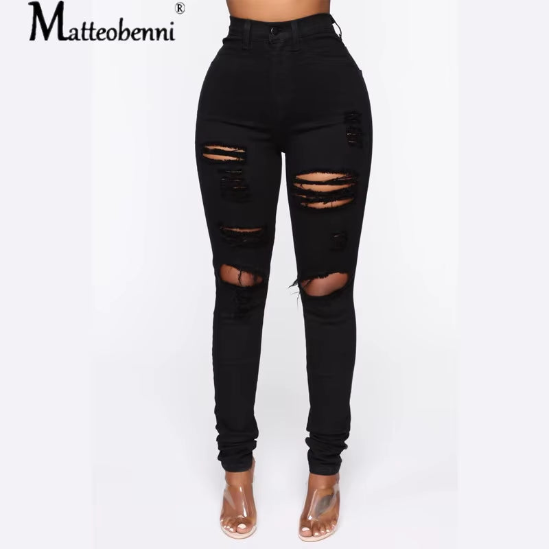 New Black Pencil Jeans High Waist Push up Skinny Ripped Jeans Denim Sexy Holes Destroyed Knee Pant Ladies Jeans Femme Trousers.
