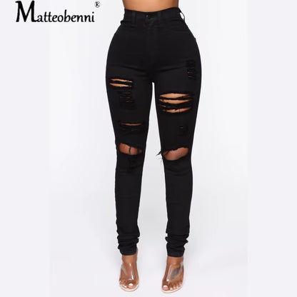 New Black Pencil Jeans High Waist Push up Skinny Ripped Jeans Denim Sexy Holes Destroyed Knee Pant Ladies Jeans Femme Trousers.