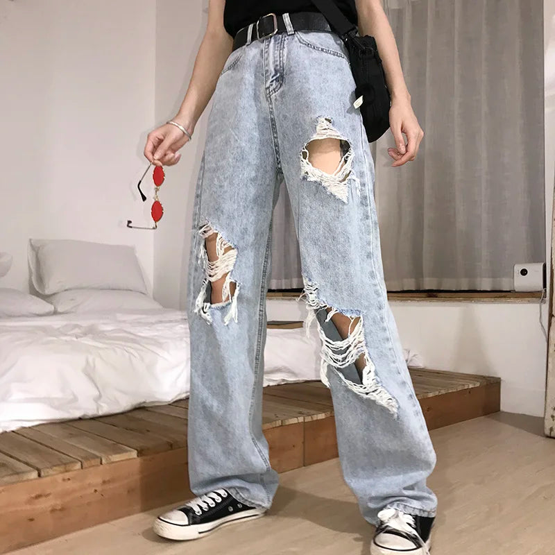 2020 New High Waist Ripped Jeans Women'S Hip Hop Loose Jeans 5XL Women Pants Vintage Female Torn Trousers Streetwear KZ69.