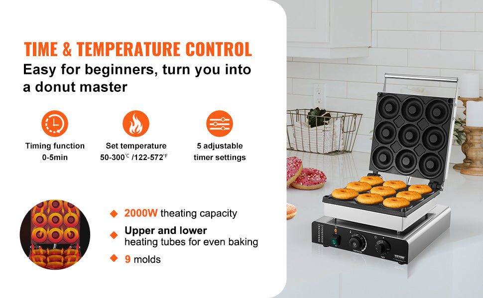 SucceBuy Electric Donut Maker Commercial Doughnut Machine with Non-stick Surface Double-Sided Heating Waffle Doughnut Machine.