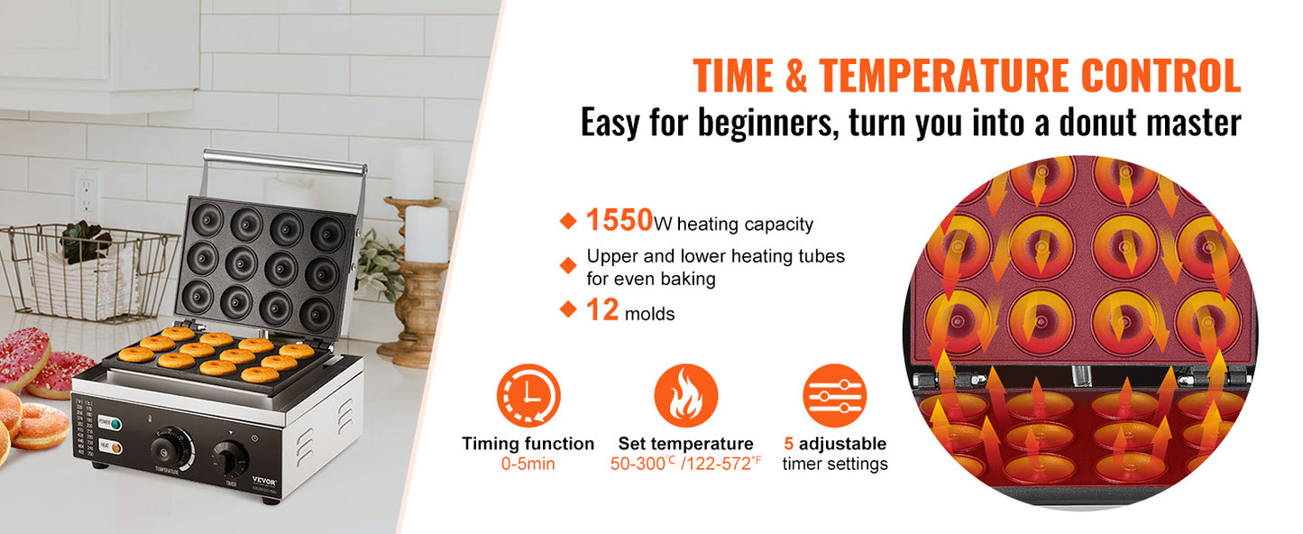 SucceBuy 6/12 Hole Electric Donut Maker Commercial Doughnut Machine with Non-stick Surface Double-Sided Heating Waffle Machine.