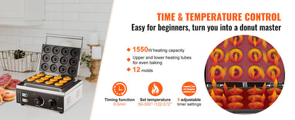 SucceBuy 6/12 Hole Electric Donut Maker Commercial Doughnut Machine with Non-stick Surface Double-Sided Heating Waffle Machine.