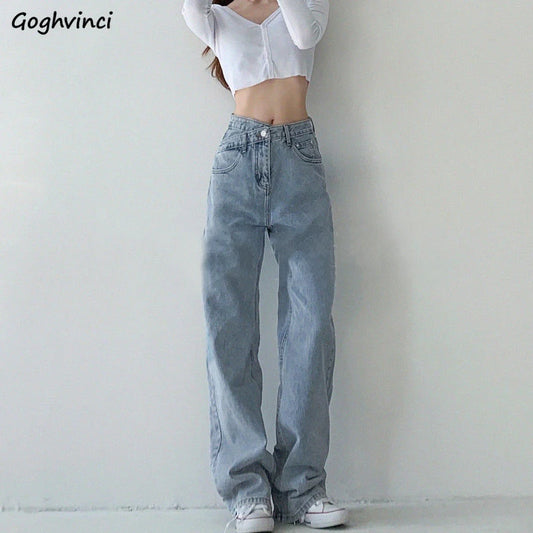 High Waist Jeans Women Loose Solid Mopping Simple Street Denim Trousers Girls Trendy Designed All-Match Young Lady Stylish Ins.