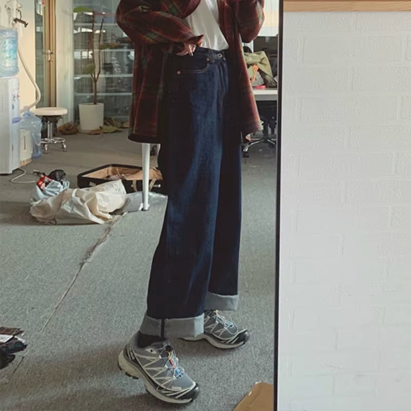 Jeans Women Retro Blue Wide-Leg Trousers Slouchy Jean Loose Simple Classic Student Autumn Full Female Harajuku Ins Denim Leisure.