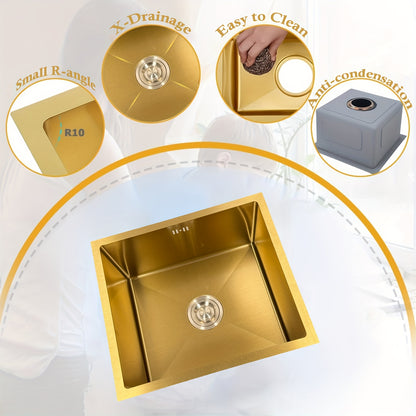Unterbau-Küchenspüle aus Edelstahl mit abgerundeter Einzelschüssel, goldenes großes Spülbecken mit Abflussmontage