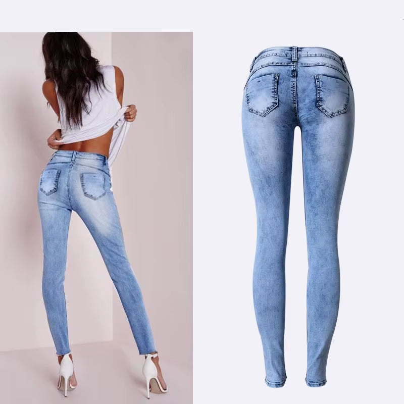 Summer Style Low Waist Sky Blue Patchwork Skinny Tights Women Pencil Jeans High Stretch Sexy Push up Denim Women Fashion Jeans.