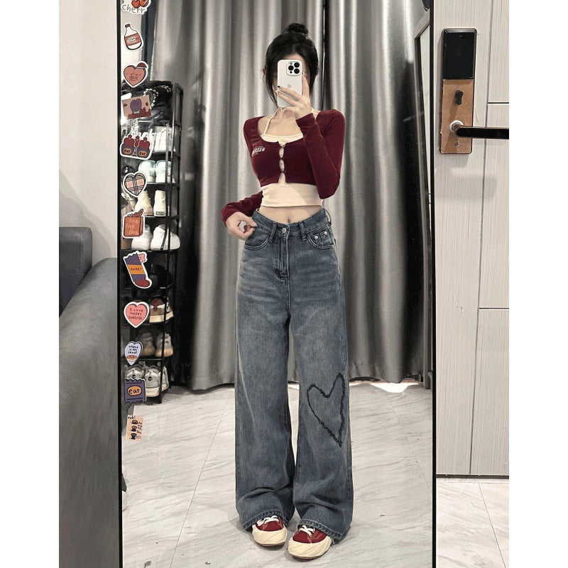 Love Embroidered Wide-Leg Simple Casual Jeans.