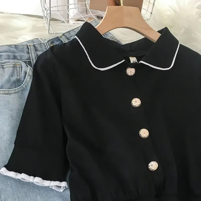 Elevate your summer style with our chic black ruffle top and jeans set! Perfect for casual streetwear vibes! 🌟🖤 #KoreanFashion #SummerStyle.