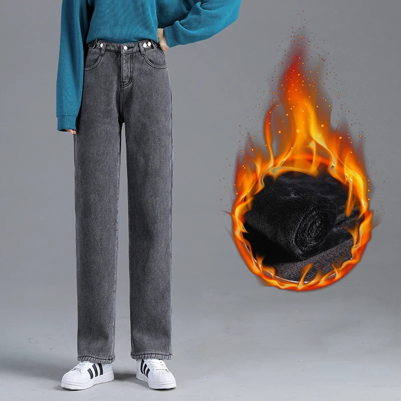 Winter Jeans Women Warm Denim Trousers High Waist Casual Loose Female Denim Pants Thick Velvet Cotton Wide Leg Woman Jeans.