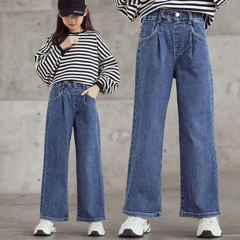 Girls Jeans 2024 Autumn Loose Straight Wide-Leg Pants Kids Trousers Jeans for Children 10 12 13 14 Years Blue High Waist Pants.