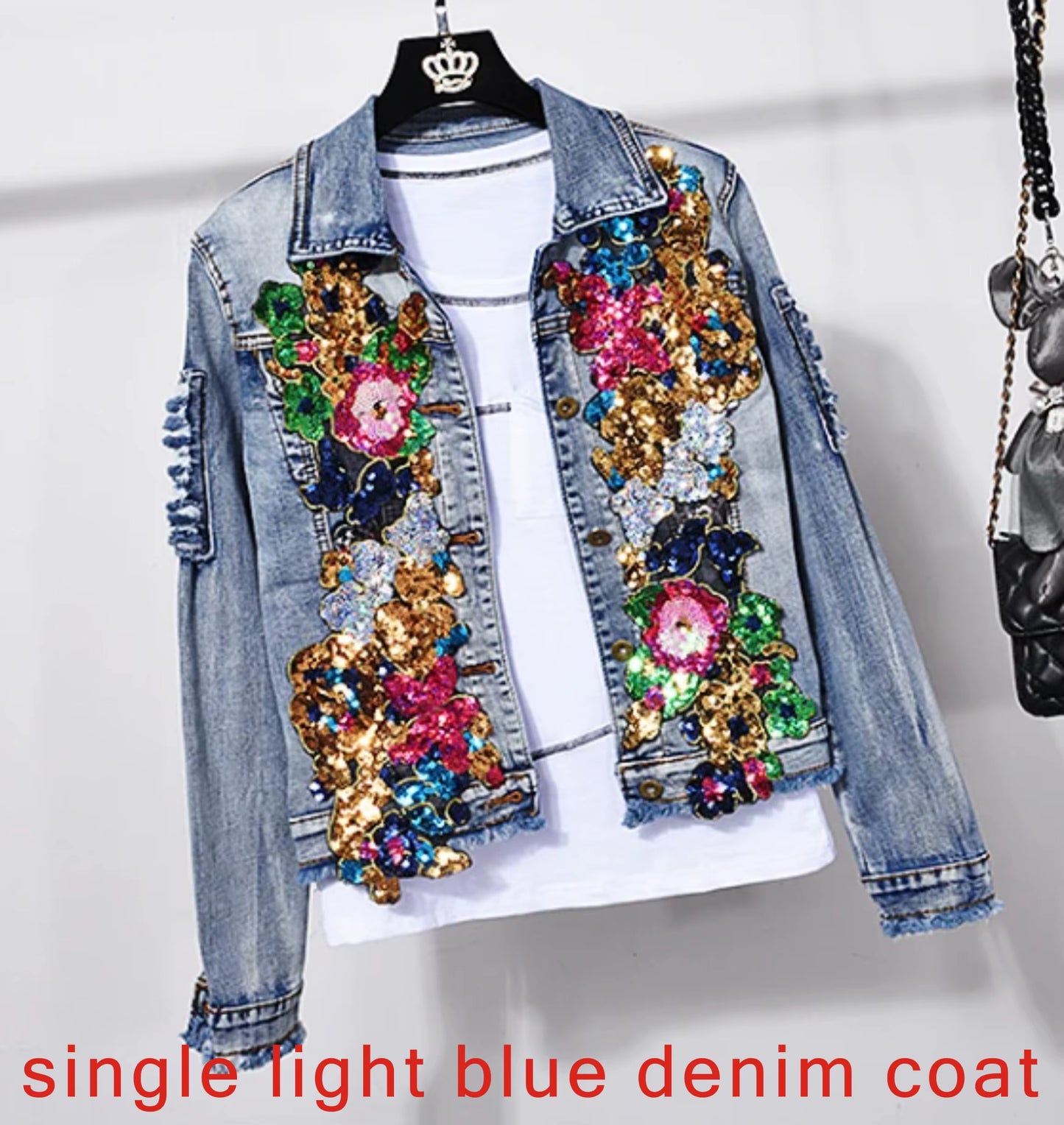 European Style Denim Jacket Fashion Outfit Women New Flower Sequined Jeans Vest Coat.