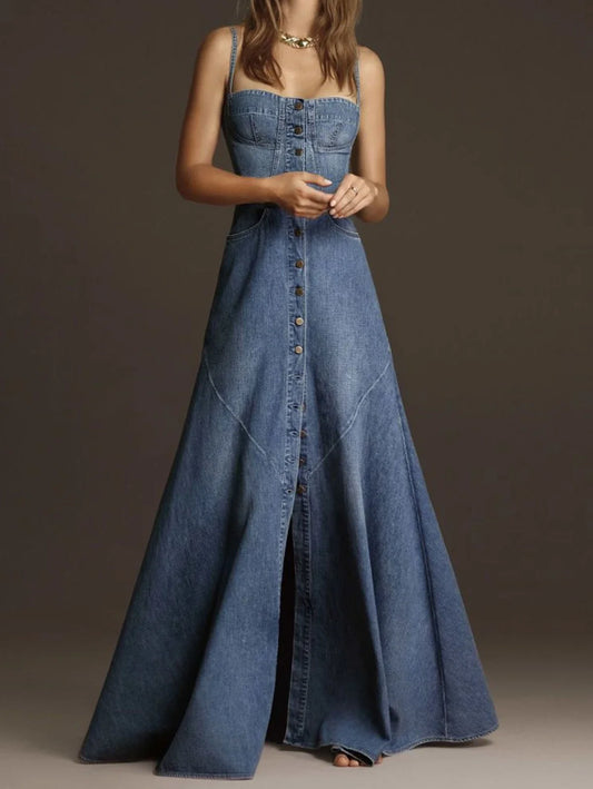 Vintage Square Collar Women'S Denim Tank Dress Summer Maxi Sundress with Buttons Waisted Holiday Solid Robe Fashion 2025.