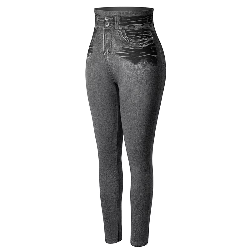 Women Jeggings Faux Denim Jeans Leggings High Waisted Tummy Control Slim Leggins Printed Pencil Pants Seamless Skinny Trousers.