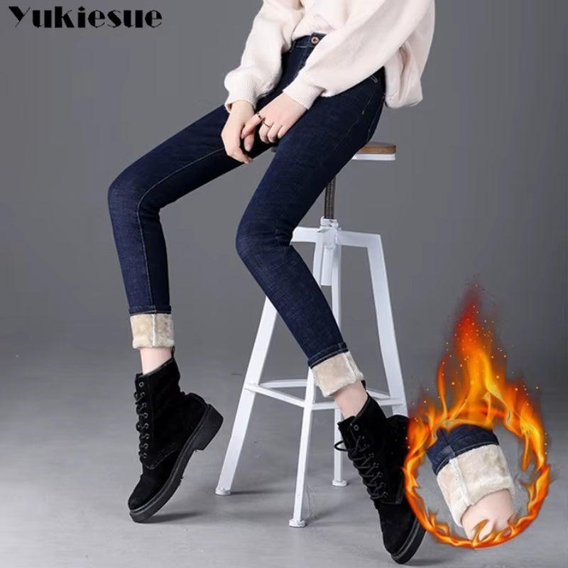 Thick Winter Warm Skinny Jeans for Women Female High Waist Velvet Denim Pants Streetwear Stretch Trousers Clothes.
