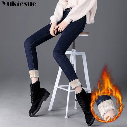 Thick Winter Warm Skinny Jeans for Women Female High Waist Velvet Denim Pants Streetwear Stretch Trousers Clothes.