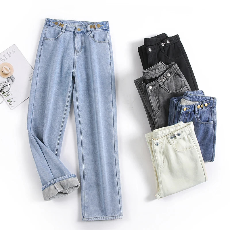 Winter Jeans Women Warm Denim Trousers High Waist Casual Loose Female Denim Pants Thick Velvet Cotton Wide Leg Woman Jeans.