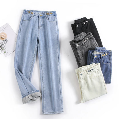 Winter Jeans Women Warm Denim Trousers High Waist Casual Loose Female Denim Pants Thick Velvet Cotton Wide Leg Woman Jeans.