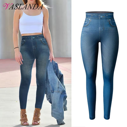 Women Jeggings Faux Denim Jeans Leggings High Waisted Tummy Control Slim Leggins Printed Pencil Pants Seamless Skinny Trousers.
