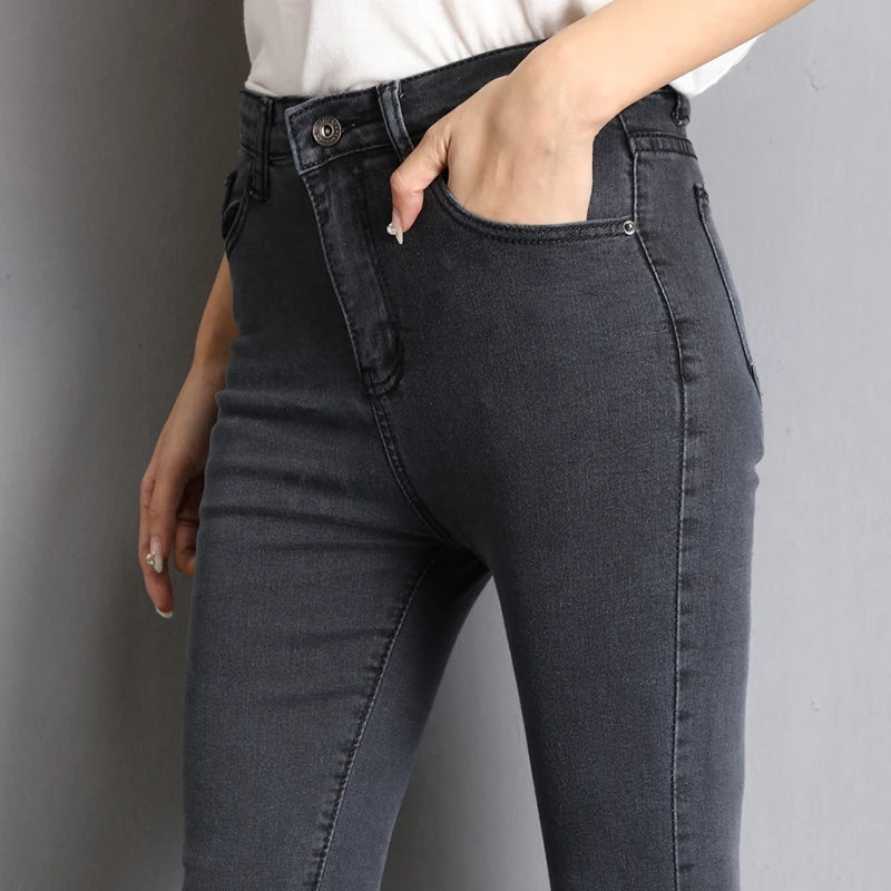 Jeans for Women Mom Jeans Blue Gray Black Woman High Elastic Stretch Jeans Female Washed Denim Skinny Pencil Pants Size 36 38 40.