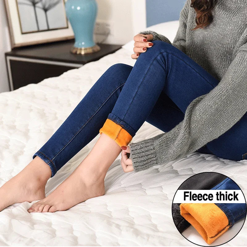 Warm Winter Size Slim Jeans Women Advanced Stretch Cotton Denim Pants Thick Fleece Student Trousers Blue Black Gray.