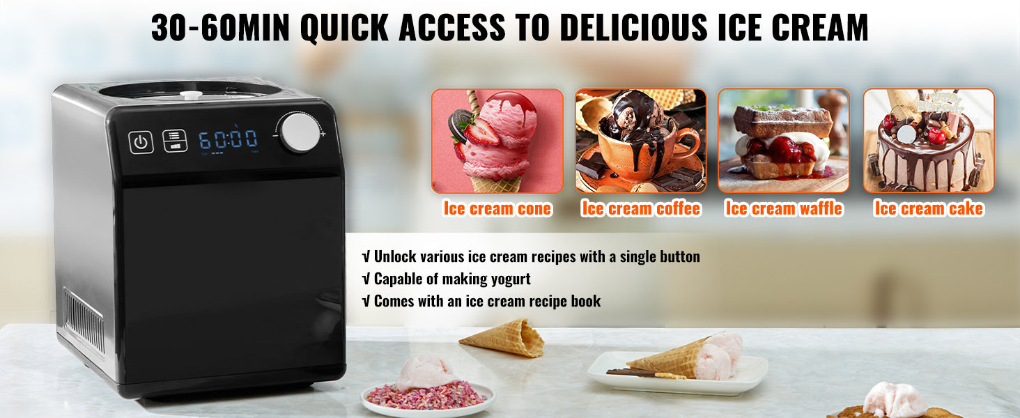SucceBuy Upright Automatic Ice Cream Maker with Built-in Compressor 2 Quart No Pre-freezing Fruit Yogurt Machine 4 Modes.