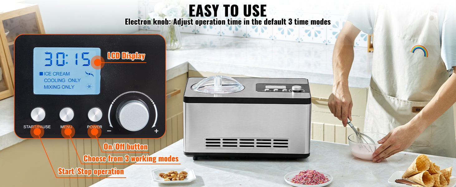 SucceBuy Automatic Ice Cream Maker with Built-in Compressor 2 Quart No Pre-freezing Fruit Yogurt Machine Electric Sorbet Maker.