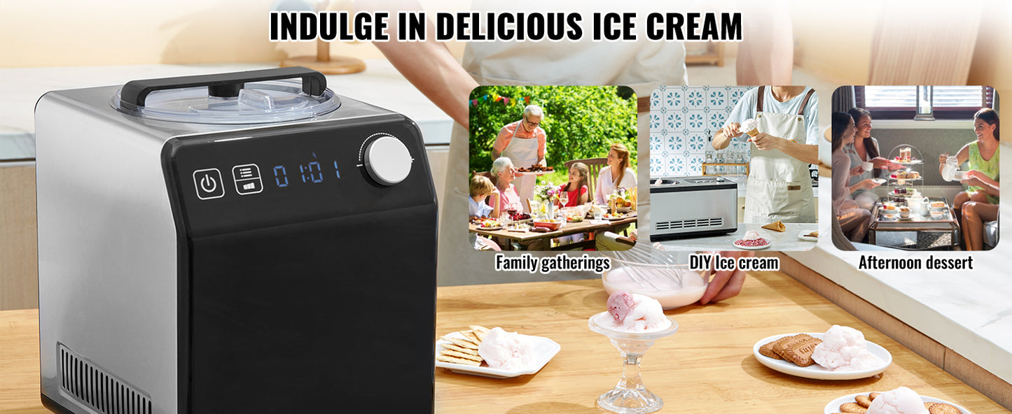 SucceBuy Upright Automatic Ice Cream Maker with Built-in Compressor 2 Quart No Pre-freezing Fruit Yogurt Machine 4 Modes.
