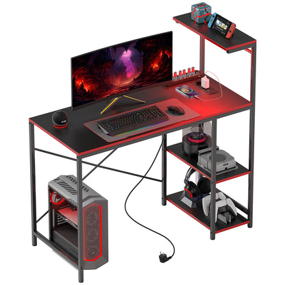Gaming-Schreibtisch aus Kohlefaser mit LED-Leuchten, 110 x 50 cm, Steckdosen, Regalen und Fernbedienung, Schwarz