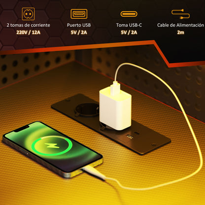 Gaming-Schreibtisch aus Kohlefaser mit LED-Leuchten, 110 x 50 cm, Steckdosen, Regalen und Fernbedienung, Schwarz