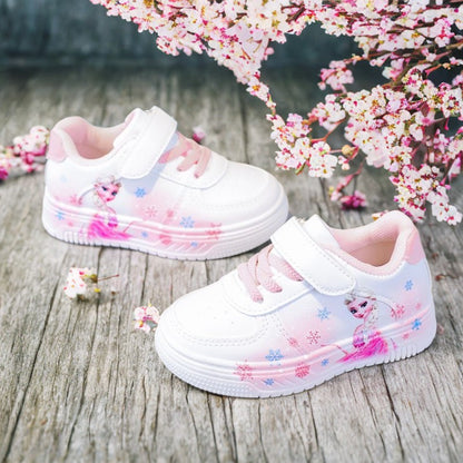 Disney Girl's Fashion Thick Sole Sports Shoes Spring Children's Frozen Princess Elsa PU Leather Running Sneakers Size 18-29.