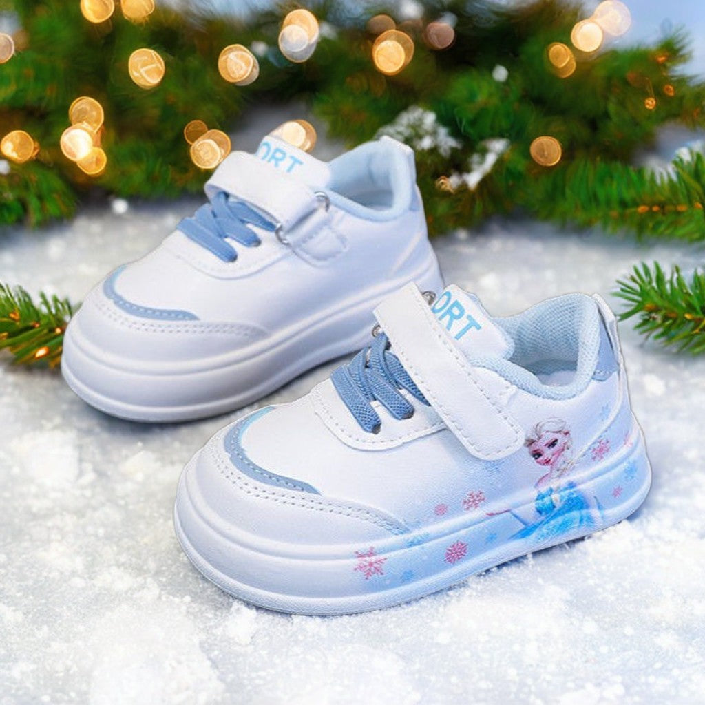 Disney Girl's Fashion Thick Sole Sports Shoes Spring Children's Frozen Princess Elsa PU Leather Running Sneakers Size 18-29.