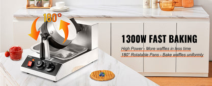 SucceBuy Electric Waffle Maker Stainless Steel Round Waffle Iron Non-Stick Waffle Baker Machine Teflon-Coated Baking Pans.