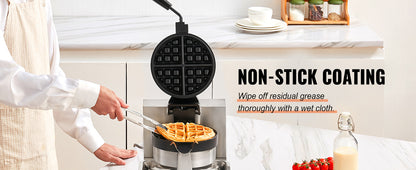 SucceBuy Electric Waffle Maker Stainless Steel Round Waffle Iron Non-Stick Waffle Baker Machine Teflon-Coated Baking Pans.